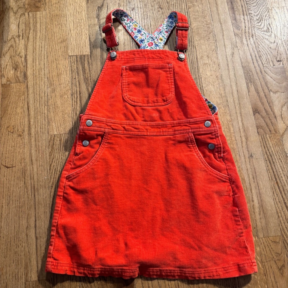 Mini Boden Girls Orange Red Corduroy Pinafore Overall Dress Floral Lining 9-10Y